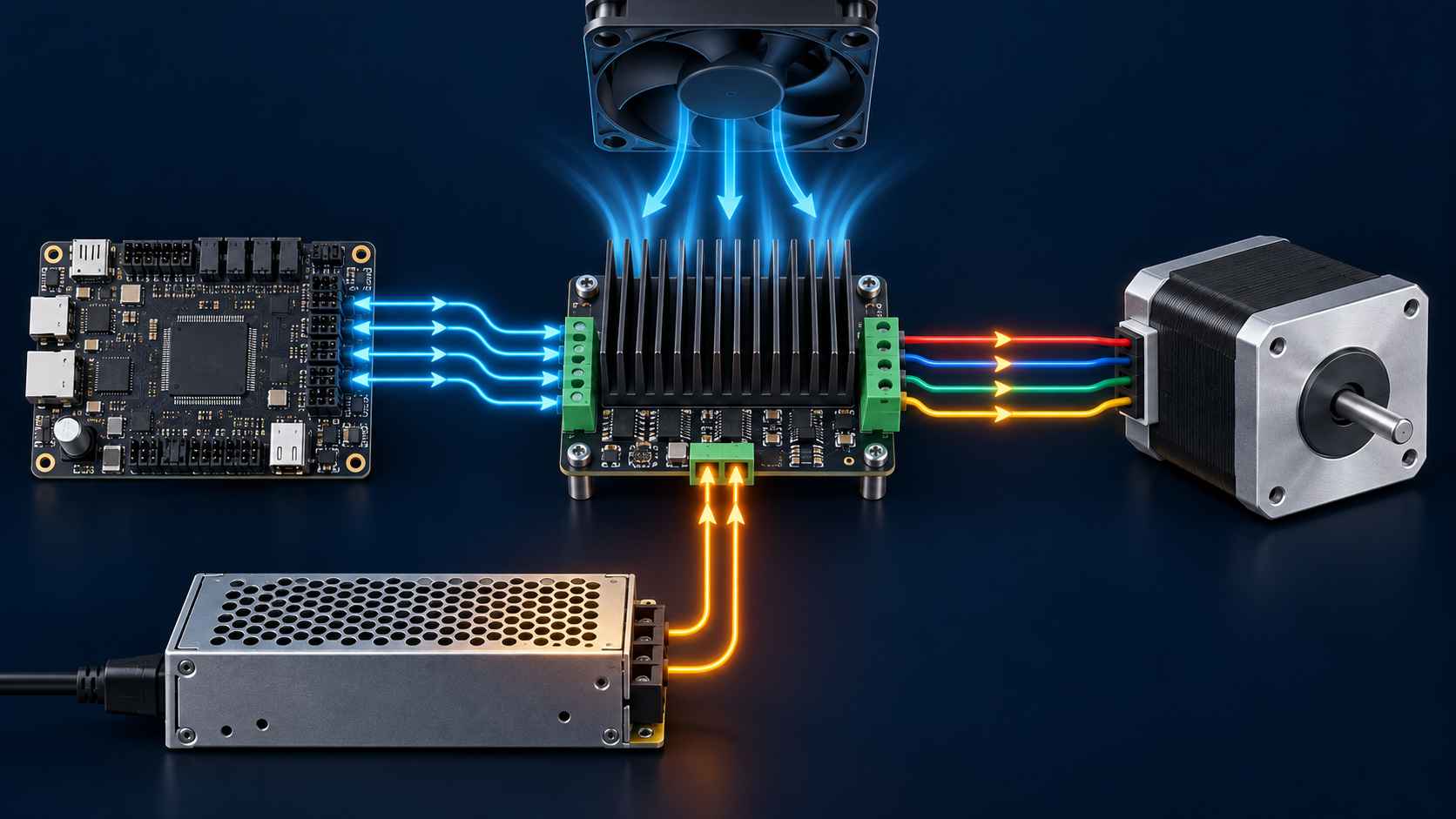 Kontrol kartı, stepper sürücü, güç kaynağı, fan ve step motor bağlantısı